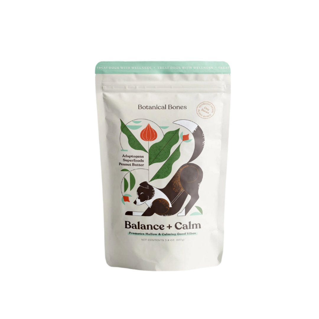 Botanical Bones - BALANCE + CALM Treats peanut butter dog treats for nervous dogs, plant-based and nutrient-dense.