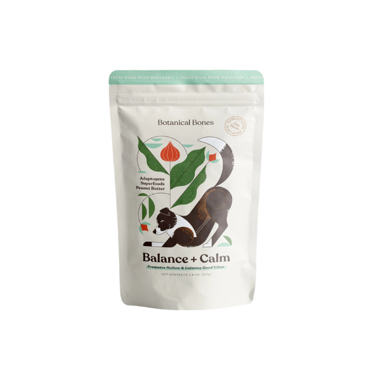 Botanical Bones - BALANCE + CALM Treats peanut butter dog treats for nervous dogs, plant-based and nutrient-dense.