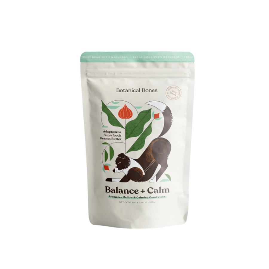Botanical Bones - BALANCE + CALM Treats peanut butter dog treats for nervous dogs, plant-based and nutrient-dense.