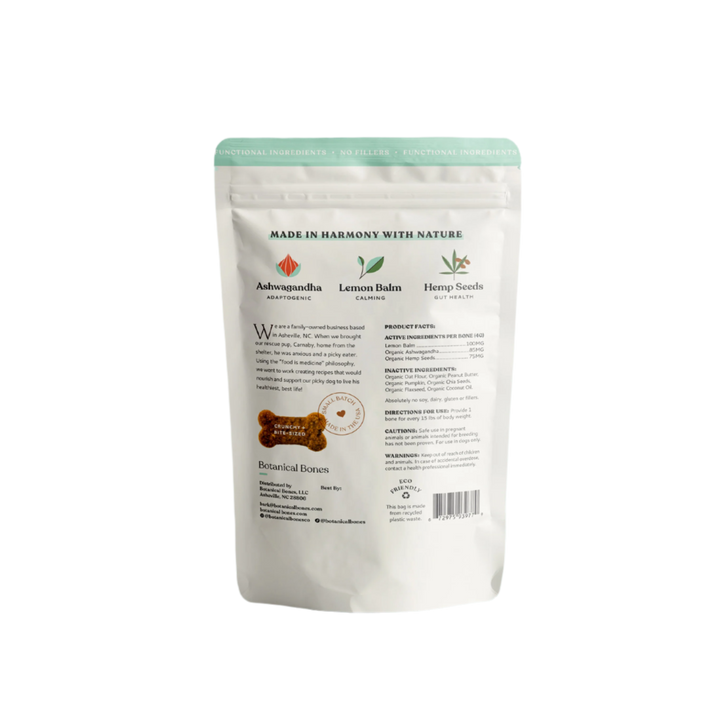 Botanical Bones - BALANCE + CALM Treats peanut butter dog treats with ashwagandha, lemon balm, and hemp seeds.