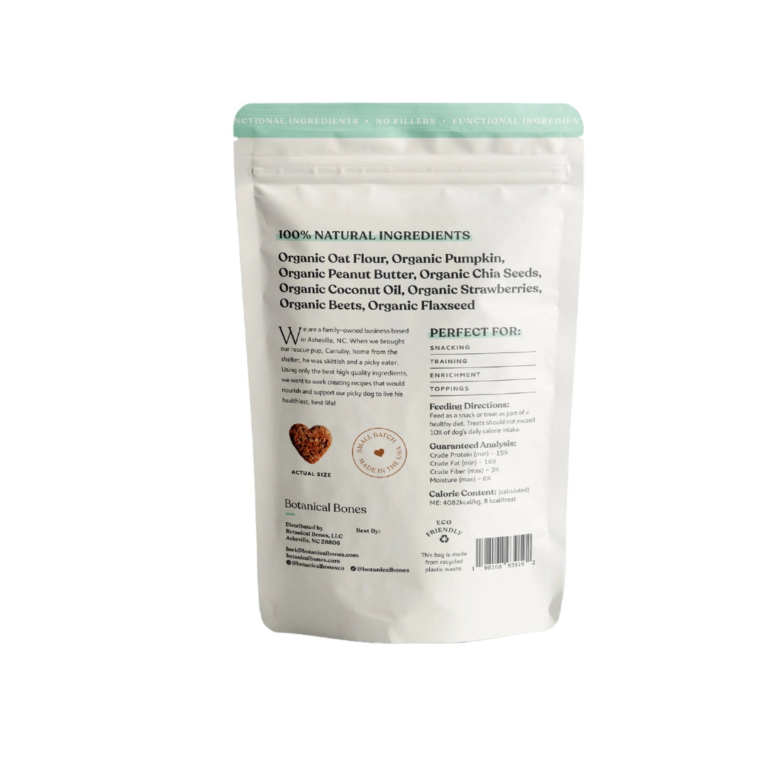 Botanical Bones - LOVE BITES Treats crunchy peanut butter heart-shaped dog cookies with superfoods and no fillers.