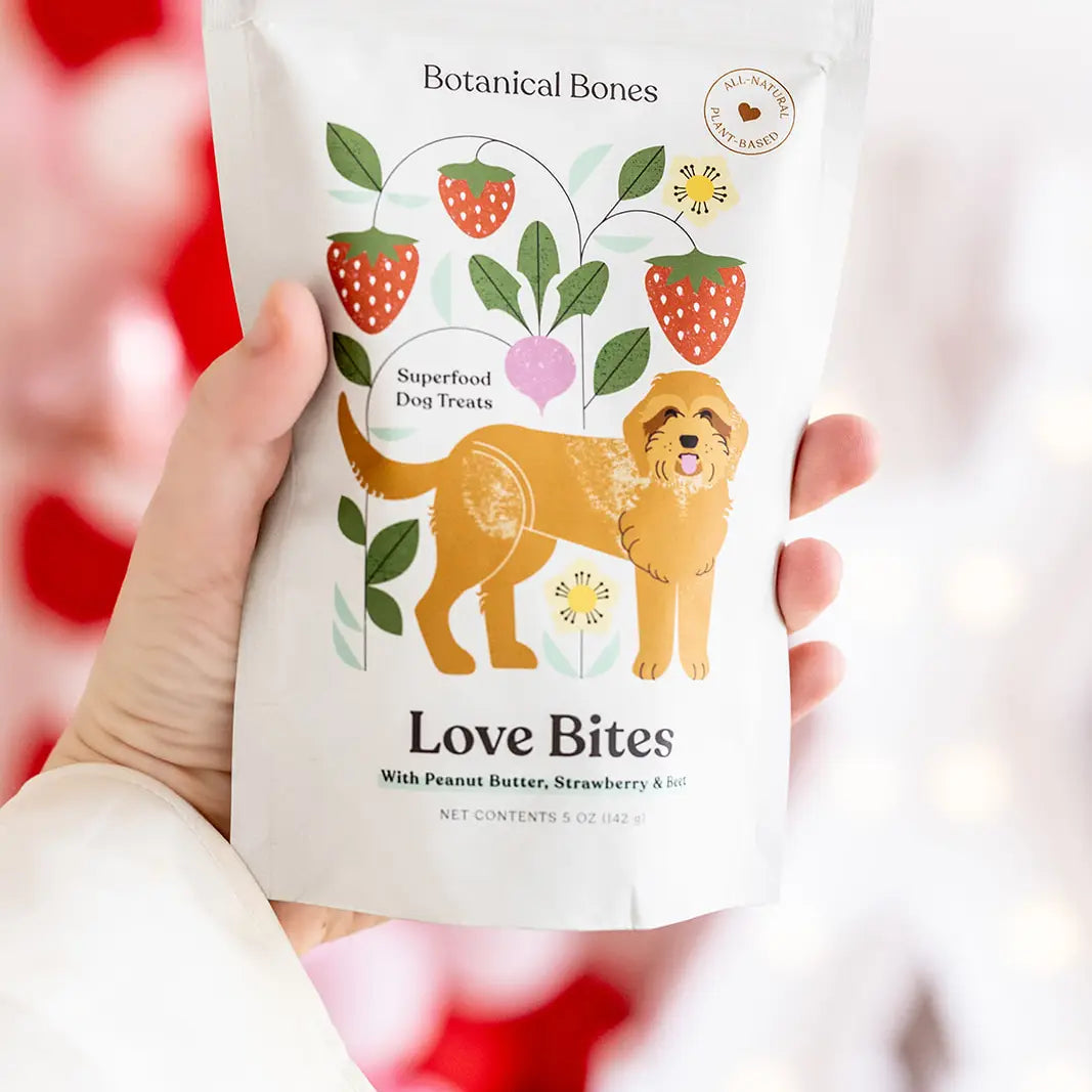 Botanical Bones - LOVE BITES Treats crunchy peanut butter dog cookies with superfoods and adaptogens in a resealable bag.