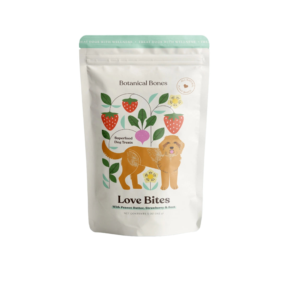 Botanical Bones - LOVE BITES Treats crunchy peanut butter cookies dog treats in resealable bag with dog illustration