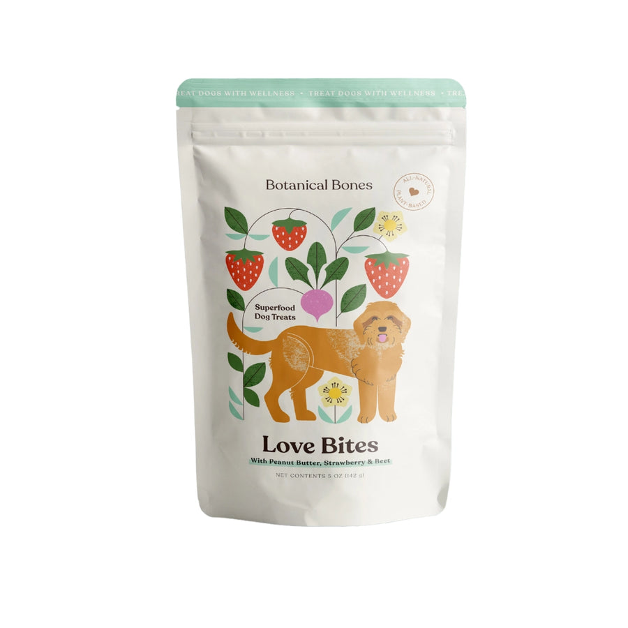 Botanical Bones - LOVE BITES Treats crunchy peanut butter cookies dog treats in resealable bag with dog illustration