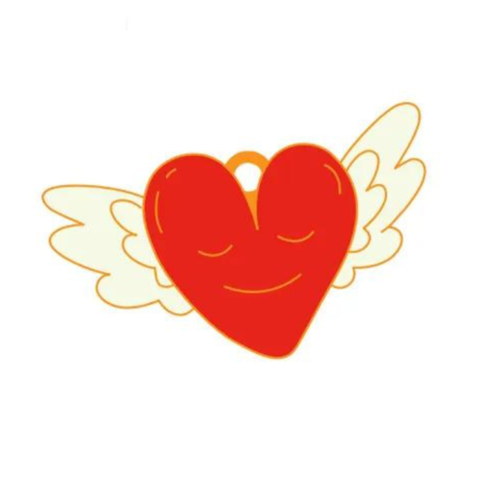 Brooch - Personalised LOVE Dog Tag featuring a red heart with wings and a smiling face design.