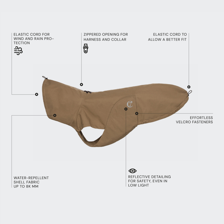 Cloud7 - Capa de chuva para cães Dublin em castanho com fecho refletor, cordões ajustáveis, tecido repelente de água e fechos de velcro.