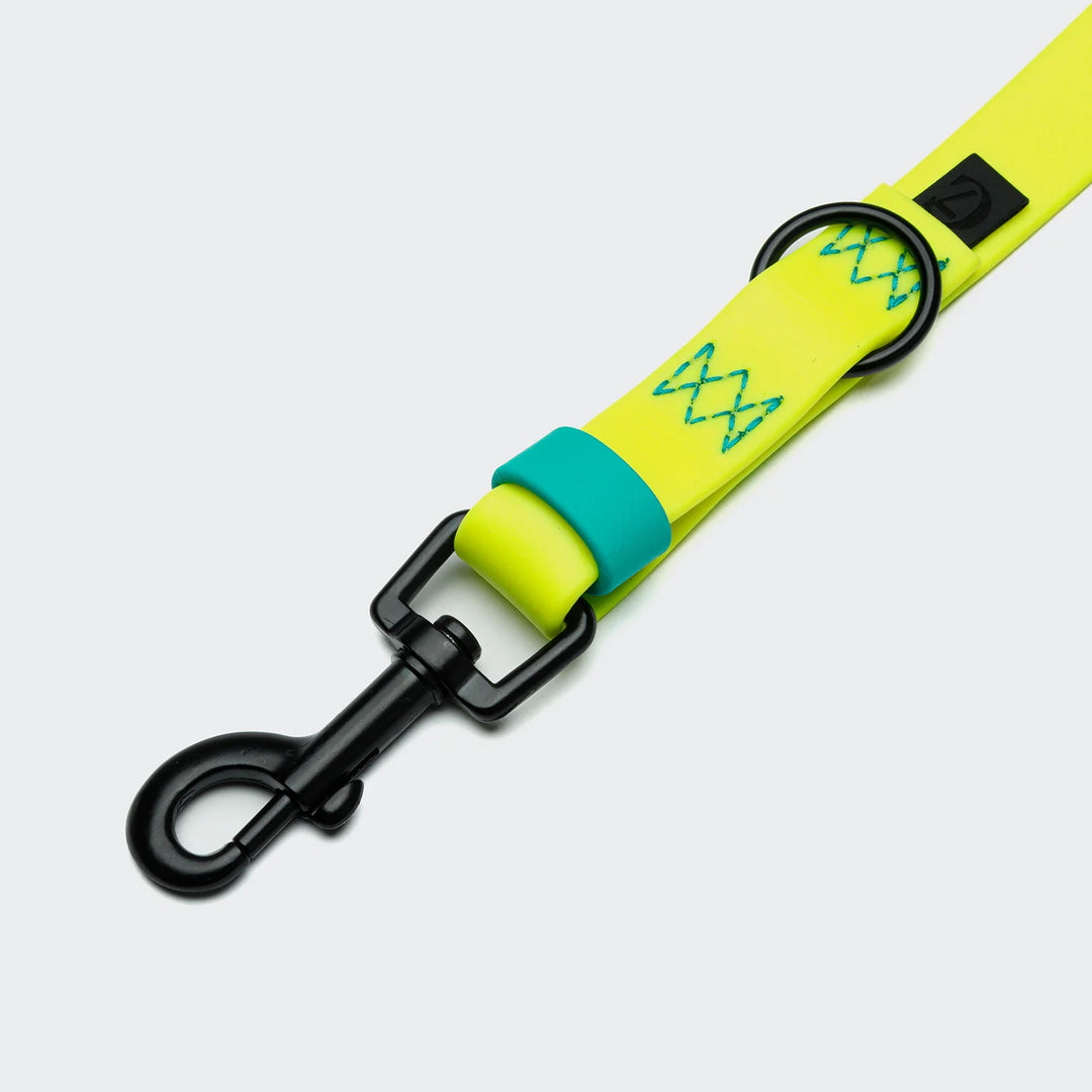 Cloud7 - IPANEMA Adjustable Dog Leash BioThane in neon yellow with aqua details and matte black hardware.