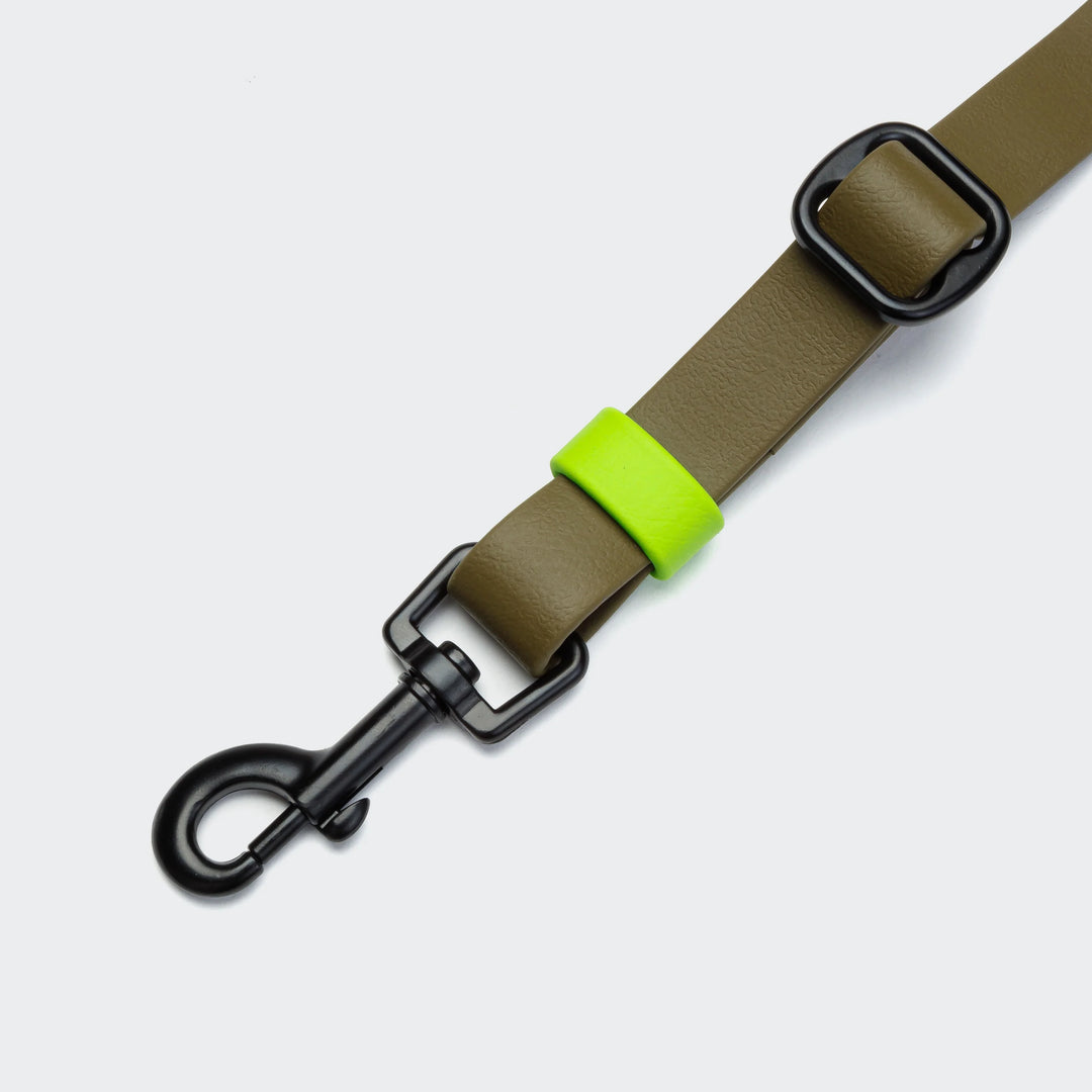 Cloud7 - IPANEMA Adjustable Dog Leash BioThane in olive green with black hardware and neon yellow accent loop.