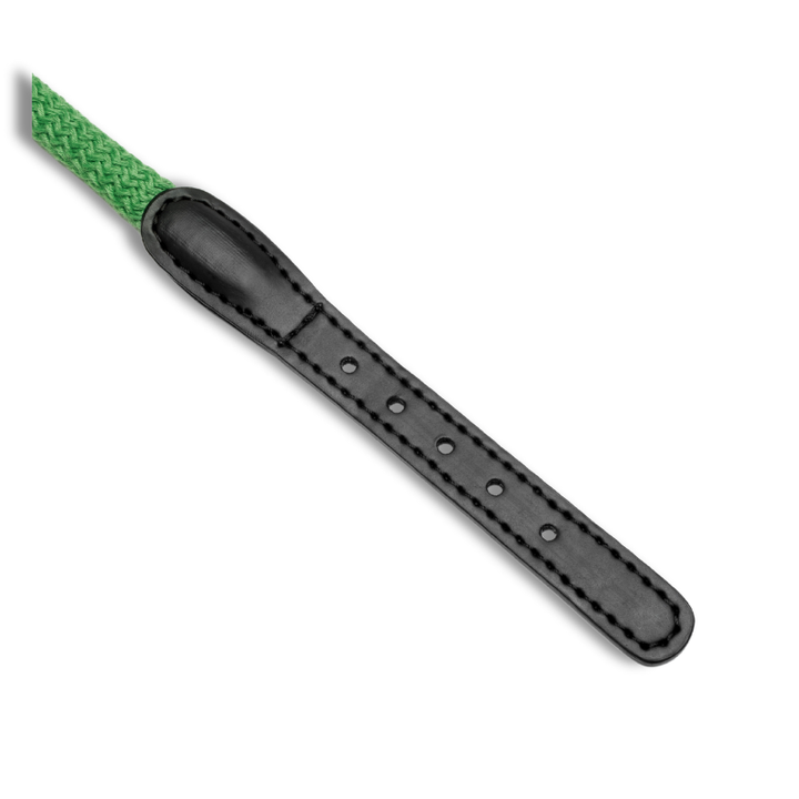 Close-up of green rope and black section with holes on the Cloud7 - MAUERPARK Vegan Collar dog collar.