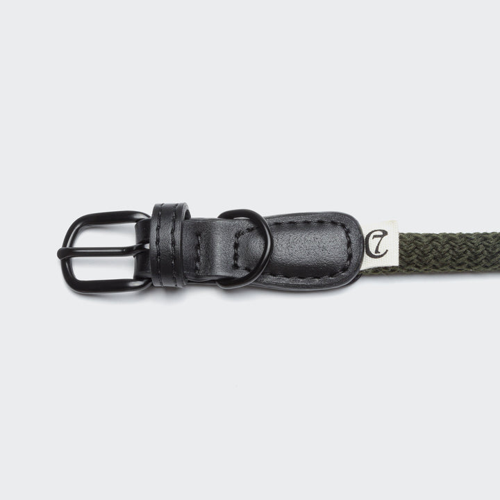 Cloud7 - MAUERPARK Vegan Collar showing black buckle and olive green sustainable rope material detail.
