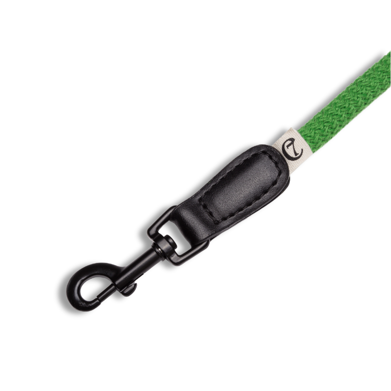 Close-up of the green rope and black clip of the Cloud7 - MAUERPARK Vegan Leash for dogs.