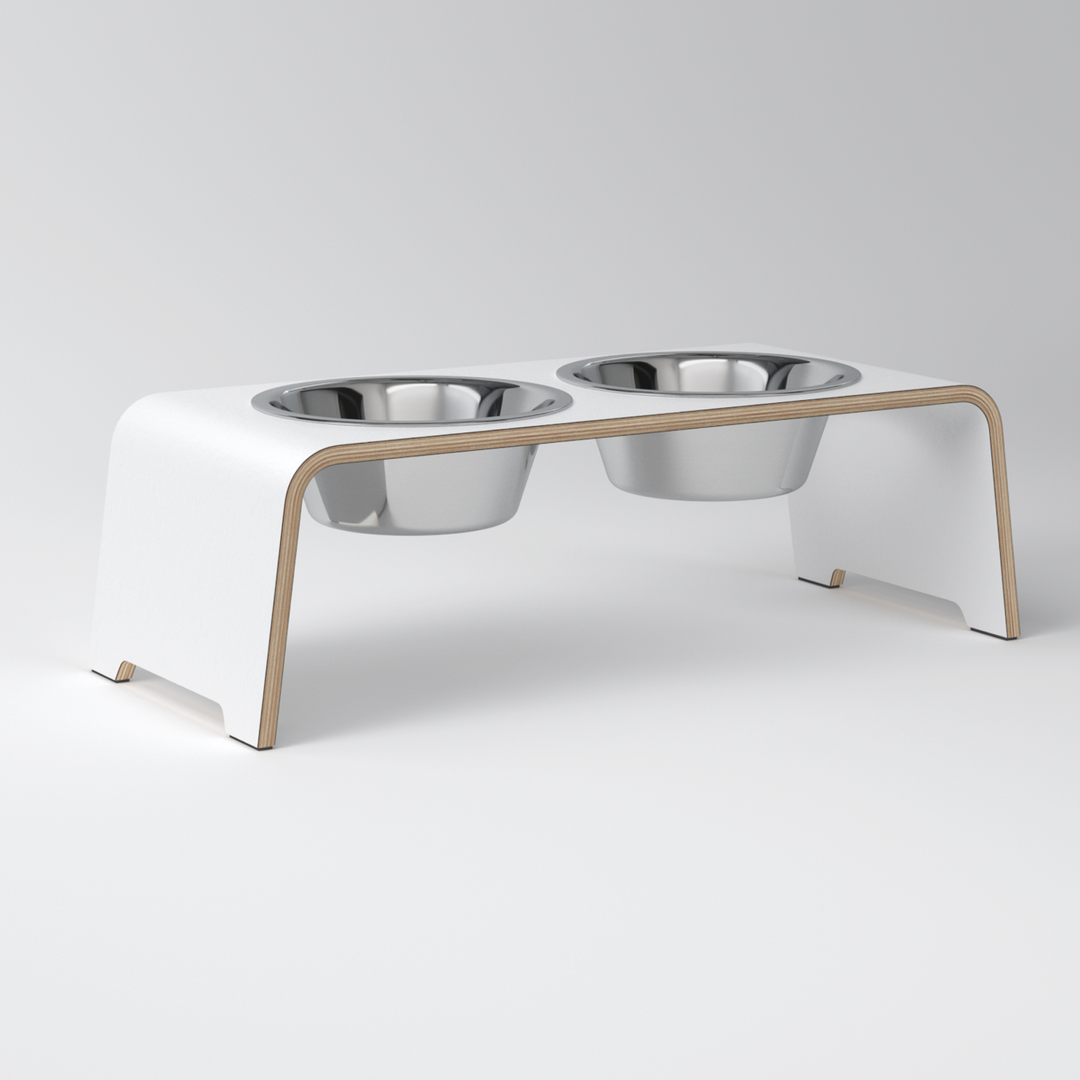 Raised feeding station with stainless steel bowls in white plywood for improved dog wellbeing and style DogBar® dogBar® - Raised Feeding Station