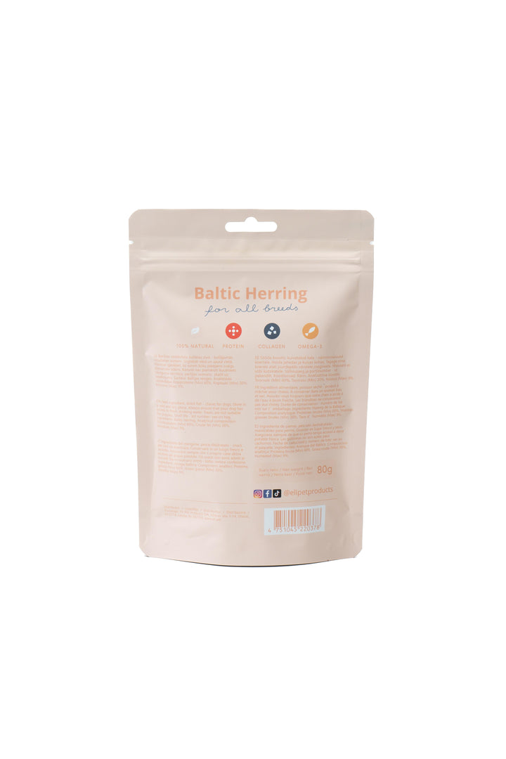 Vista traseira da embalagem de snacks de arenque do Báltico bege natural para o bem-estar do cão por Eli com benefícios em termos de proteínas e colagénio.