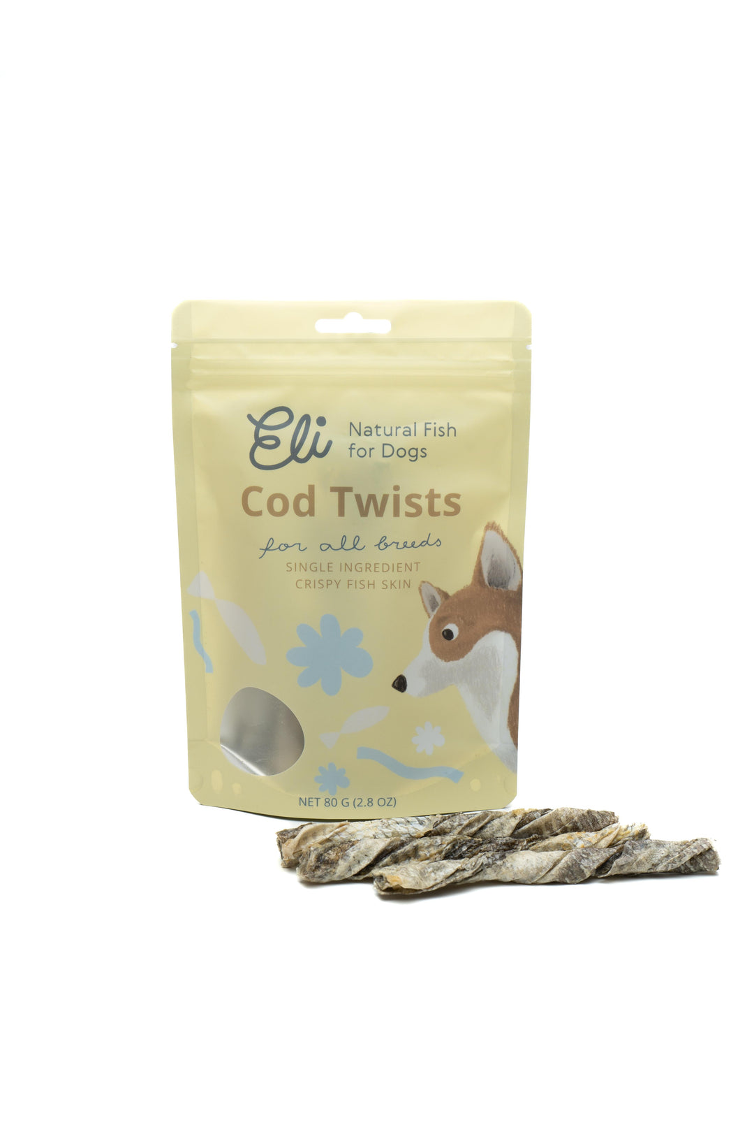 snacks naturais de pele de bacalhau com elevado teor proteico para cães, em forma de torção, para a saúde dentária e o bem-estar Eli Cod Twists by Eli