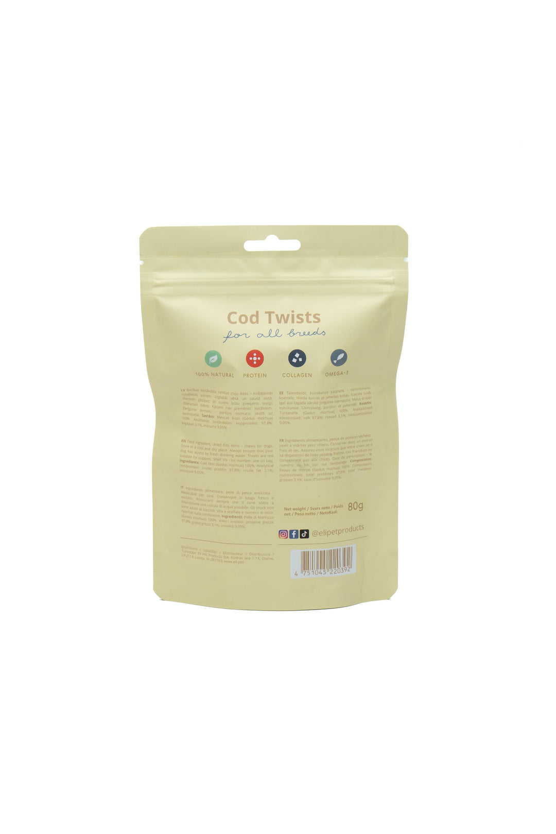 Embalagem bege traseira de Eli Cod Twists Treat feito com pele de bacalhau natural para o bem-estar do cão Eli