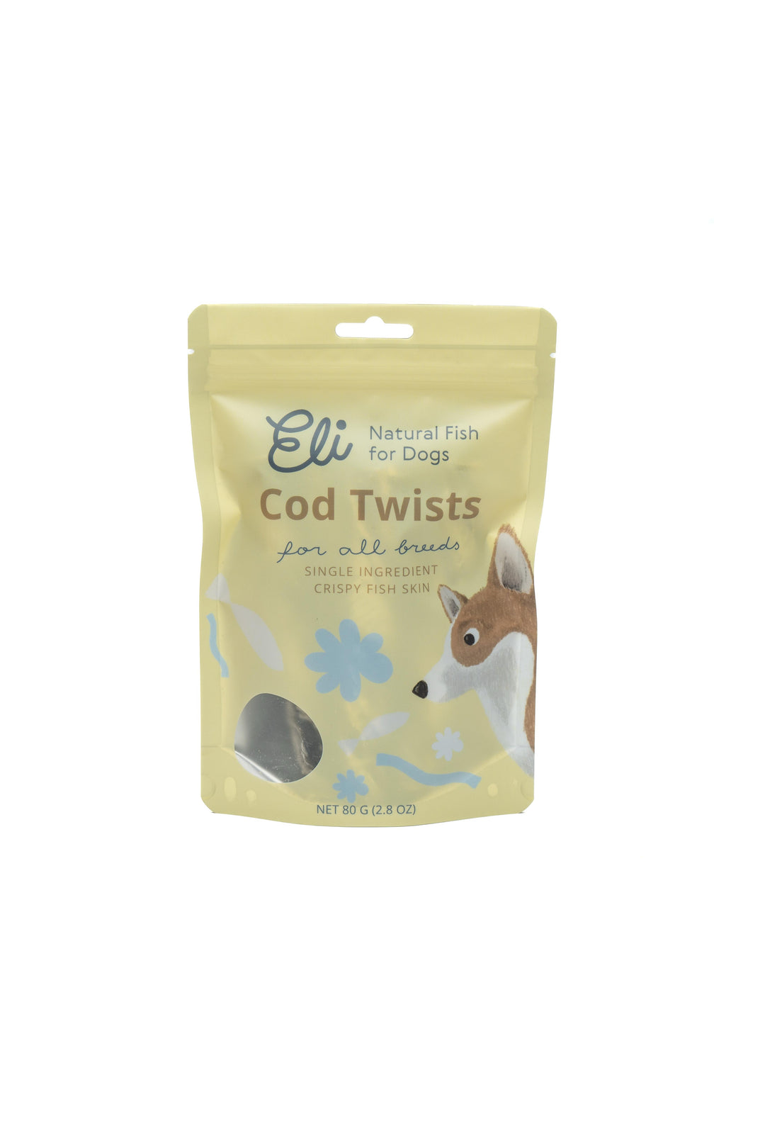 snacks para cães com pele de bacalhau rica em proteínas, em saco selável em creme, para a saúde dentária e o cuidado do pelo Eli Cod Twists Eli