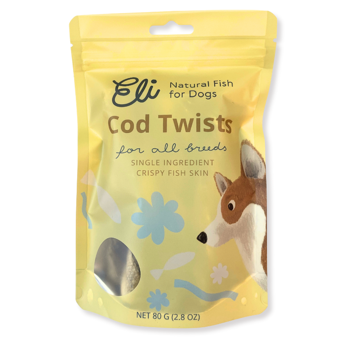 snacks crocantes de pele de bacalhau de ingrediente único para cães para a saúde dentária e cuidados com o pelo, snack natural da Eli Cod Twists