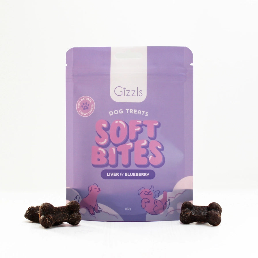 Soft liver and blueberry dog treats in purple resealable pouch for training and wellbeing by Gizzls - SOFT BITES