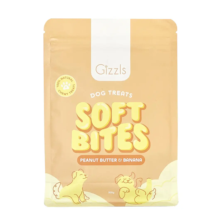 snacks de amendoim e banana em bolsa bege natural para uma mastigação nutritiva e suave, promovendo o bem-estar do cão por Gizzls - SOFT BITES
