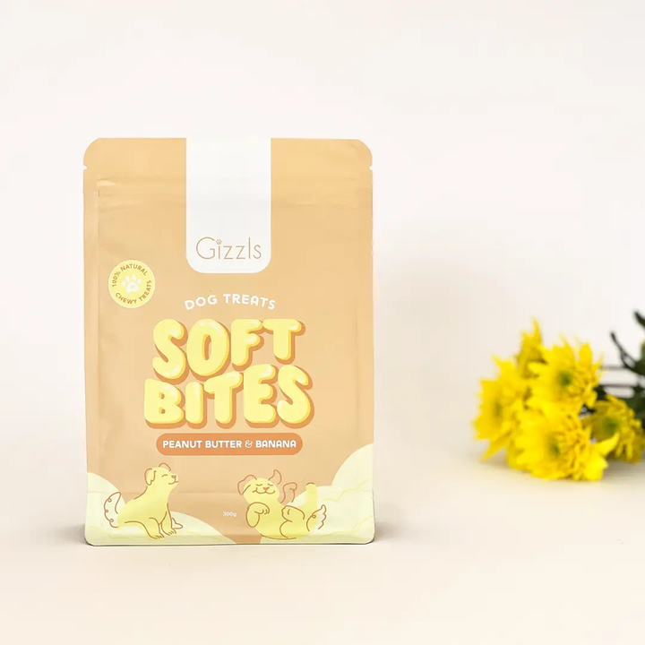 snacks suaves e naturais à base de manteiga de amendoim e banana para cães para treino e bem-estar em embalagens ecológicas Gizzls SOFT BITES Gizzls