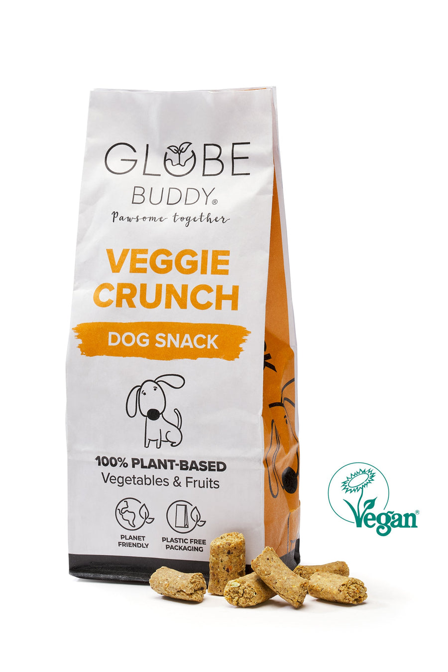 Globe Buddy Veggie Crunch plant-based dog snacks in natural color supporting dog wellbeing and digestion, Globe Buddy