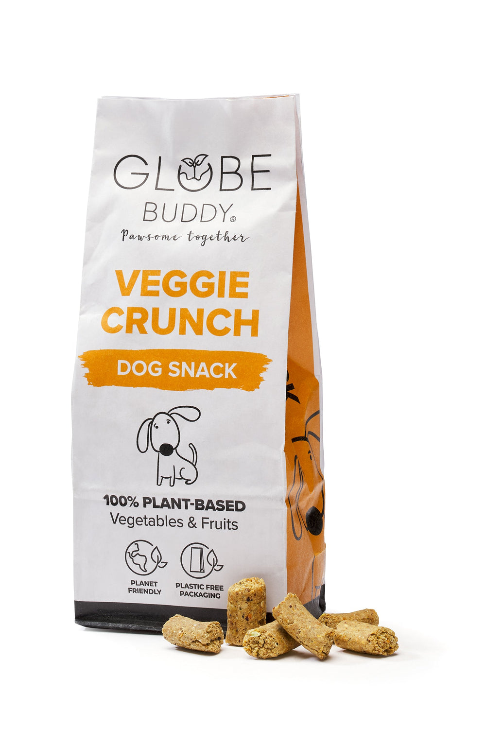 Plant-based veggie dog snacks in eco-friendly packaging supporting digestion and wellbeing Globe Buddy - VEGGIE CRUNCH