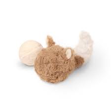 FOX POP plush toy with squeaky ball and crinkly tail in brown faux fur for interactive play by Lambwolf Collective.