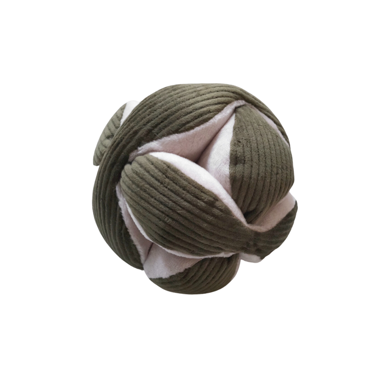 MONTI Crinkly + Squeak Snuffle Toy in green fabric, puzzle treat ball for dog wellbeing by Lambwolf Collective