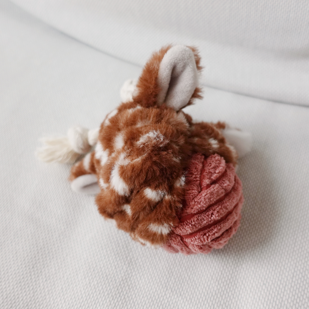Corduroy-wrapped squeaky ball fawn plush toy in brown and white for interactive play Lambwolf Collective Lambwolf - POP Fawn Squeaky + Bouncy Toy