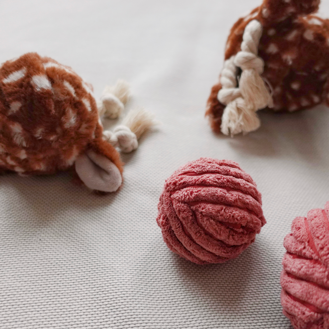 Corduroy-wrapped TPR squeaky ball dog toy in soft rust color for fetch and chewing play Lambwolf Collective Lambwolf - POP Fawn Squeaky + Bouncy Toy