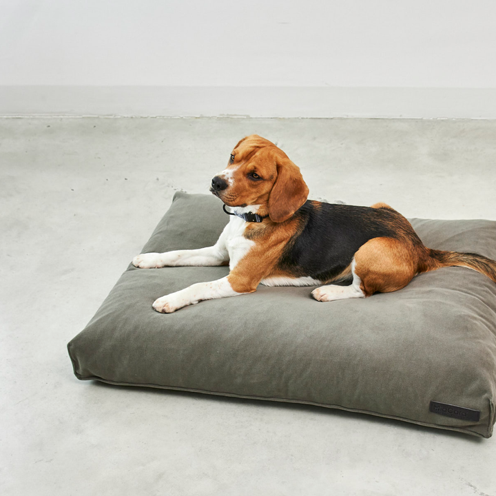 Soft grey suede dog cushion with structured surface and raised edges for comfort and support by MiaCara