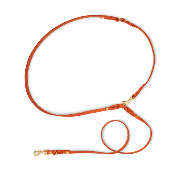 Trela CITY em pele de manteiga 3x ajustável e de comprimento alargado em laranja para conforto e controlo da Molly&Stitch