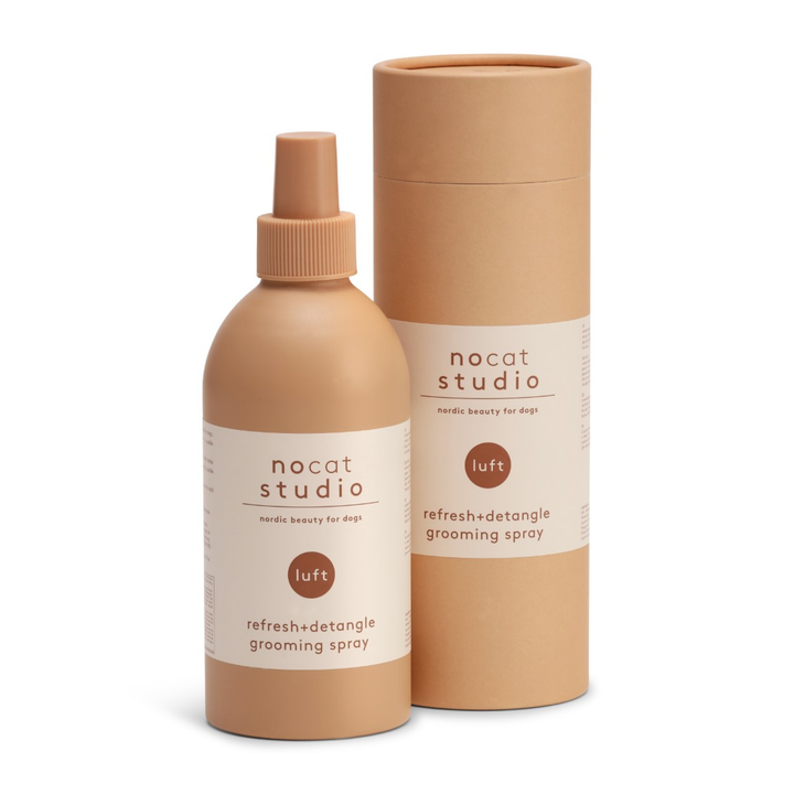 3-in-1 refresh and detangle grooming spray in tan bottle for dog wellbeing, natural ingredients, Nocat Studio LUFT