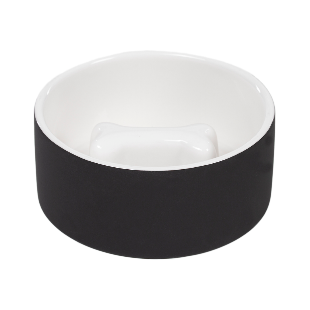 Tigela de cerâmica Paikka SLOW FEED preta e branca para cães com função de auto-arrefecimento para uma alimentação mais saudável, mais lenta e retenção de alimentos frescos