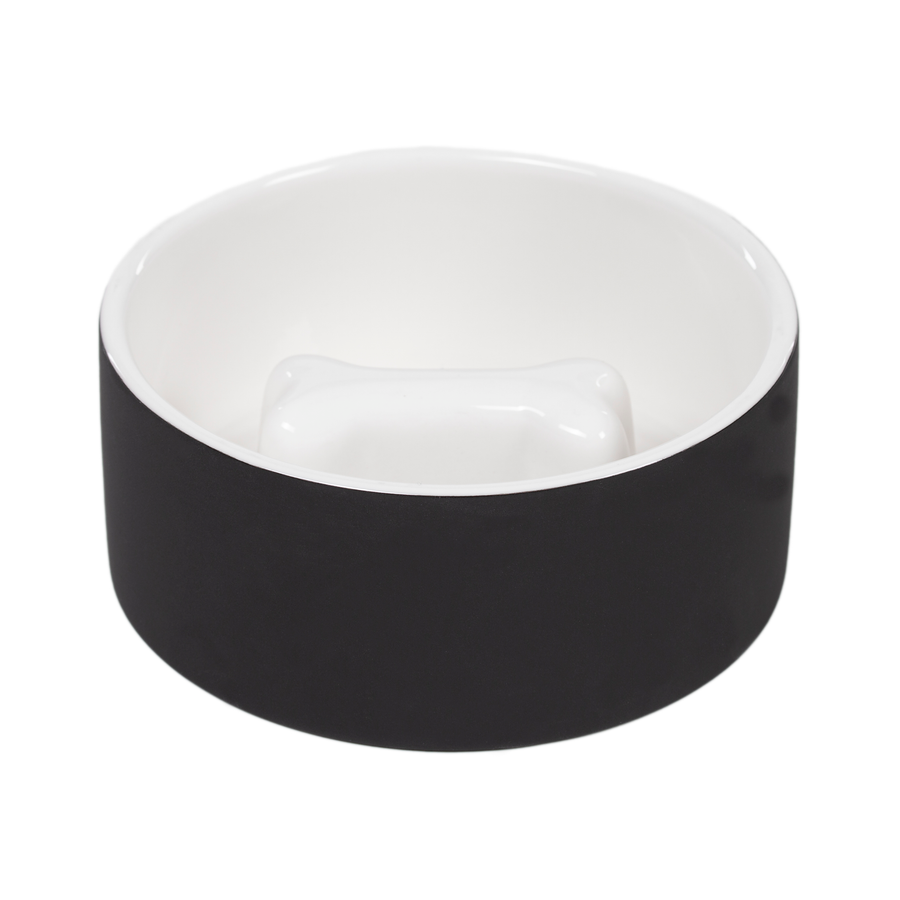 Tigela de cerâmica Paikka SLOW FEED preta e branca para cães com função de auto-arrefecimento para uma alimentação mais saudável, mais lenta e retenção de alimentos frescos