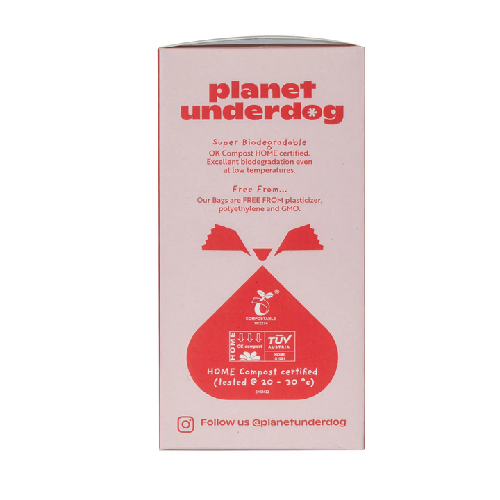 Planet Underdog compostable dog poop bags packaging in pink highlighting sustainable, biodegradable material and home compost certification