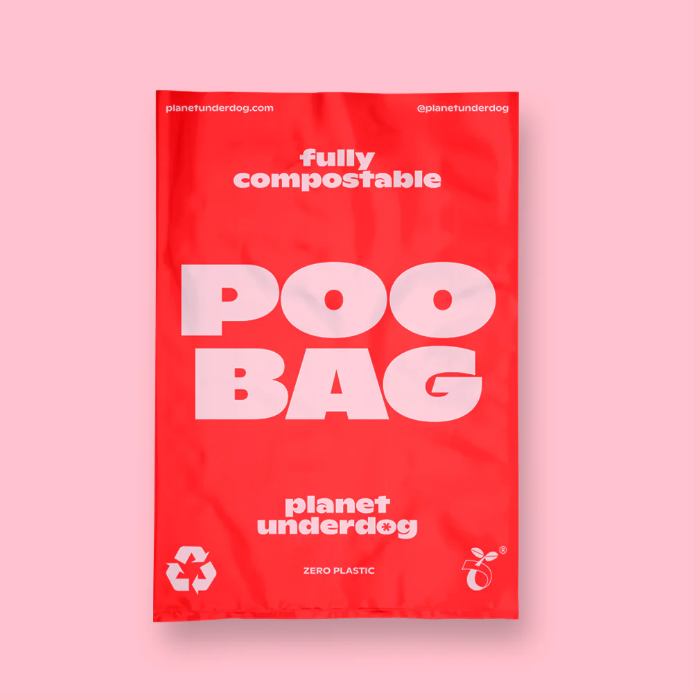 Red compostable dog poop bag made from eco-friendly materials for sustainable pet care by Planet Underdog