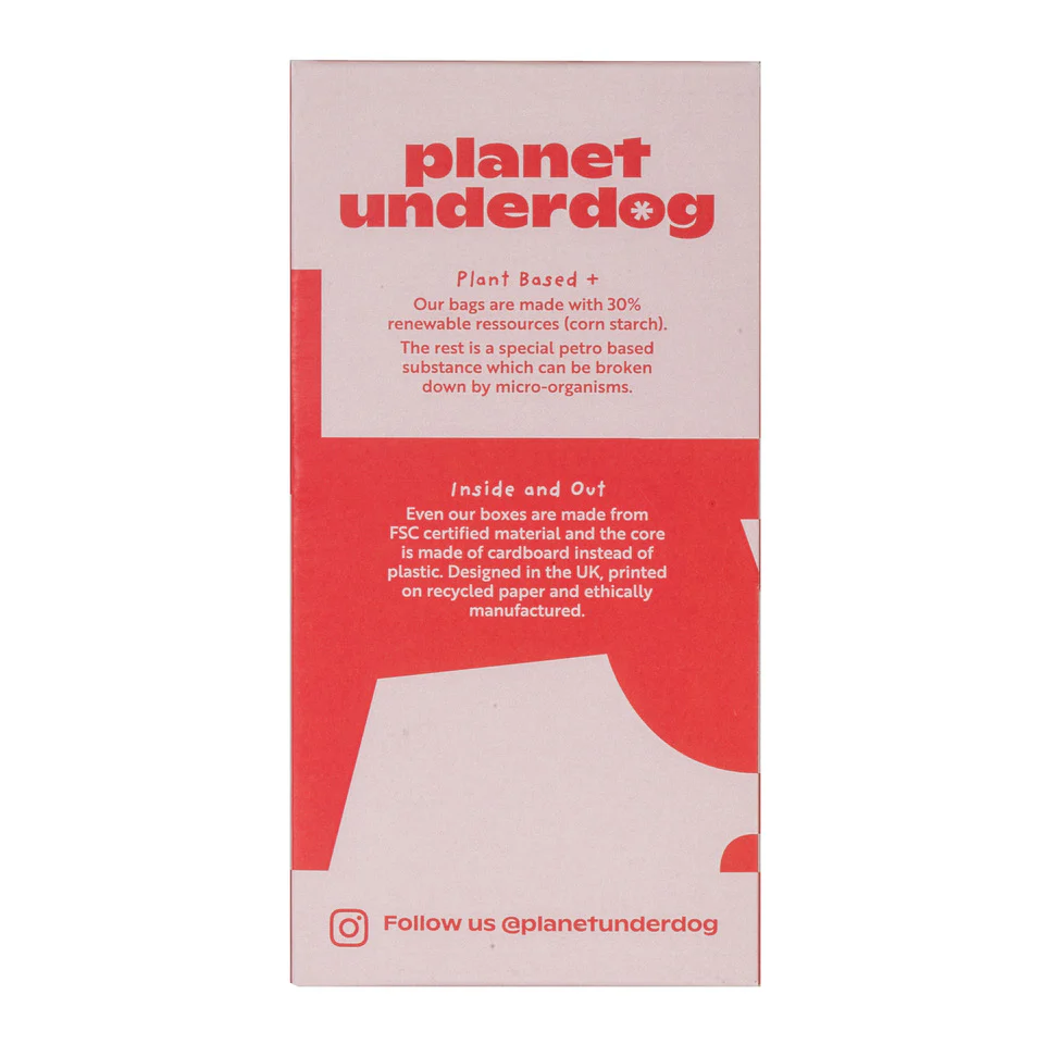 Planet Underdog compostable dog poop bags in eco-friendly cornstarch and polymer material for sustainable pet care