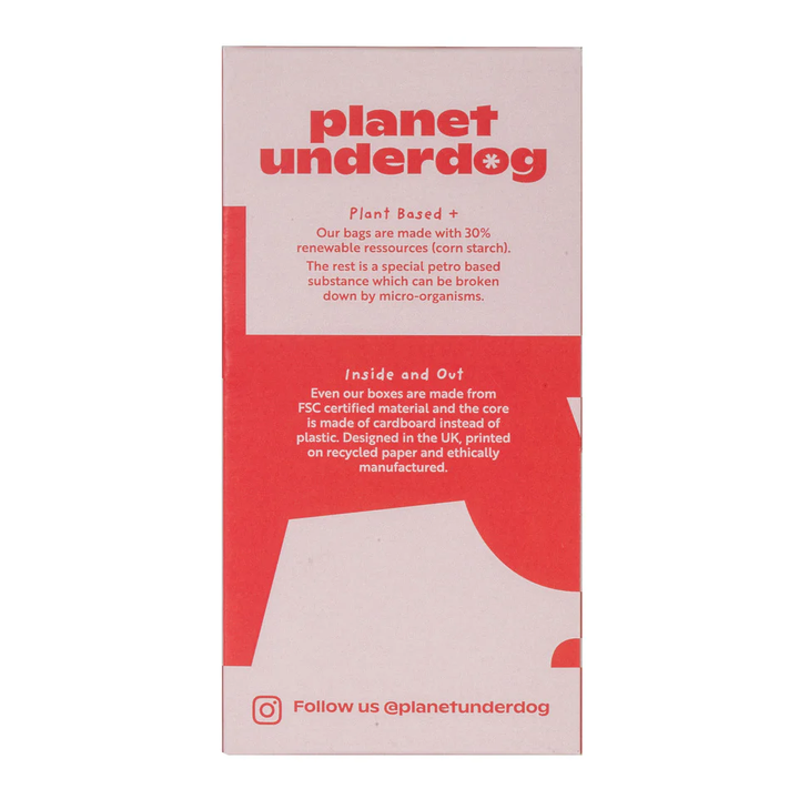 Planet Underdog compostable dog poop bags in eco-friendly cornstarch and polymer material for sustainable pet care