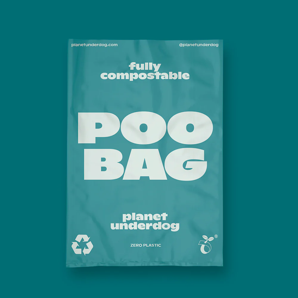 Eco-friendly teal compostable dog poop bag made from natural materials for sustainable pet care by Planet Underdog