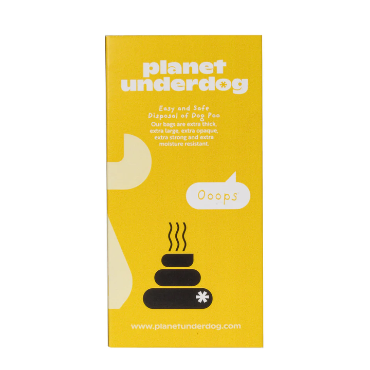 Planet Underdog compostable dog poop bags in yellow packaging made from eco-friendly material for sustainable pet care