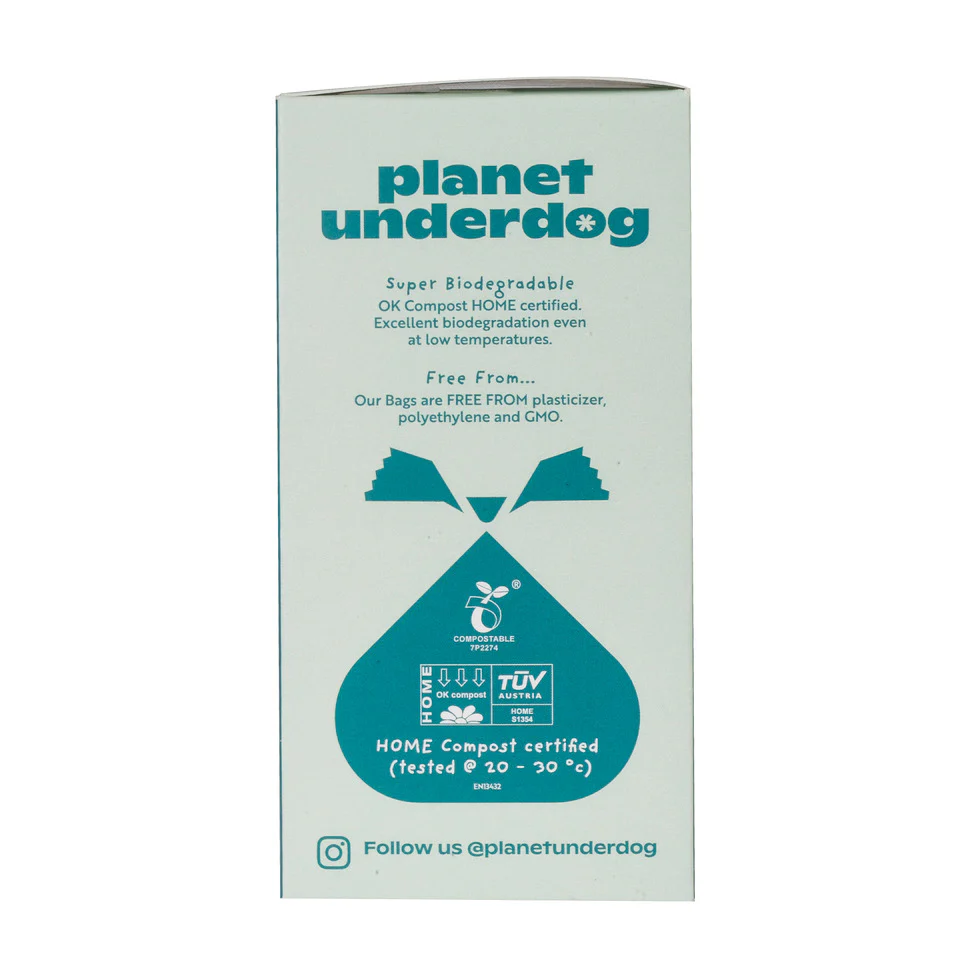 Planet Underdog compostable dog poop bags made from cornstarch and PLA PBAT polymers for eco-friendly pet waste cleanup