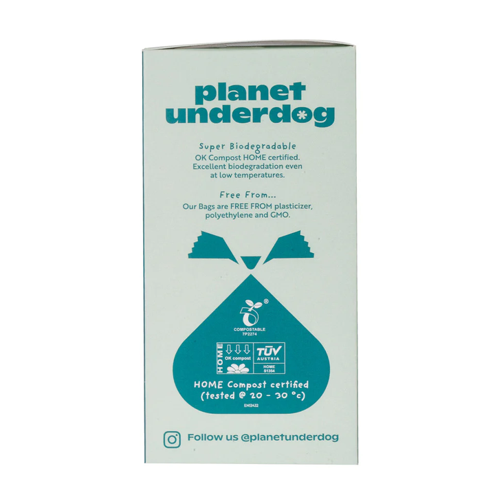 Planet Underdog compostable dog poop bags made from cornstarch and PLA PBAT polymers for eco-friendly pet waste cleanup