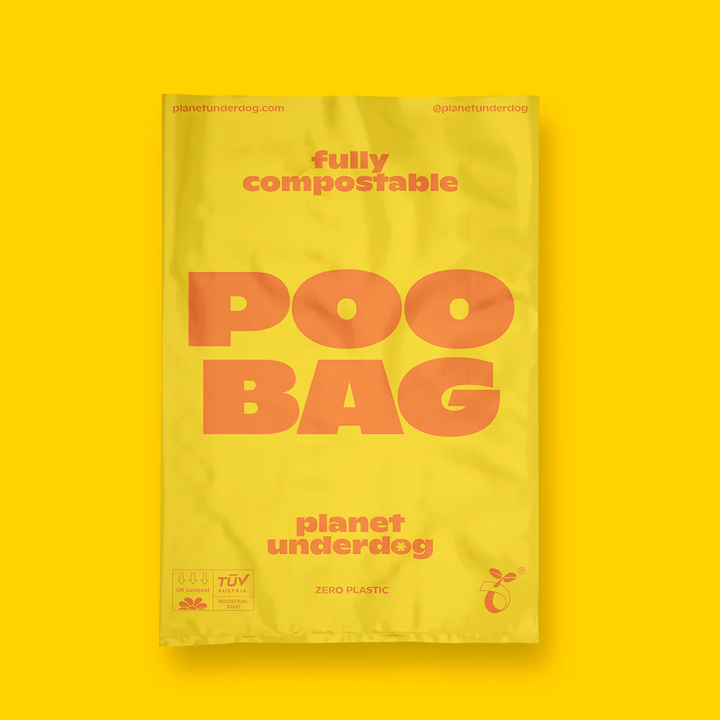 Yellow compostable dog poop bag made from eco-friendly materials for sustainable pet care by Planet Underdog