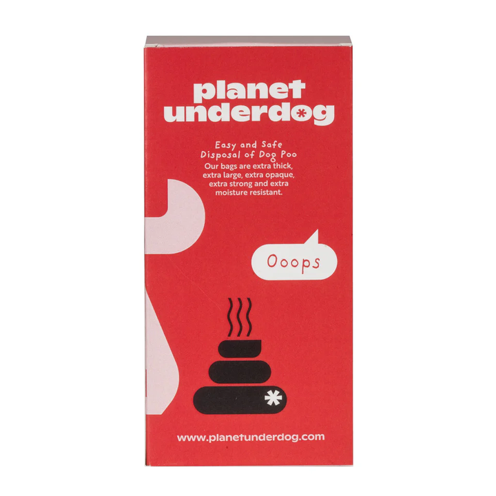 Planet Underdog red compostable dog poop bags made from eco-friendly materials for sustainable pet waste disposal