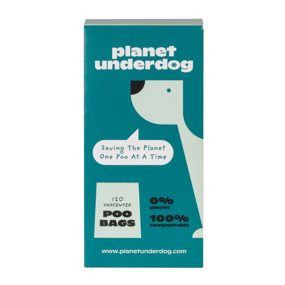Planet Underdog compostable dog poop bags in teal packaging made from eco-friendly materials for sustainable pet waste disposal