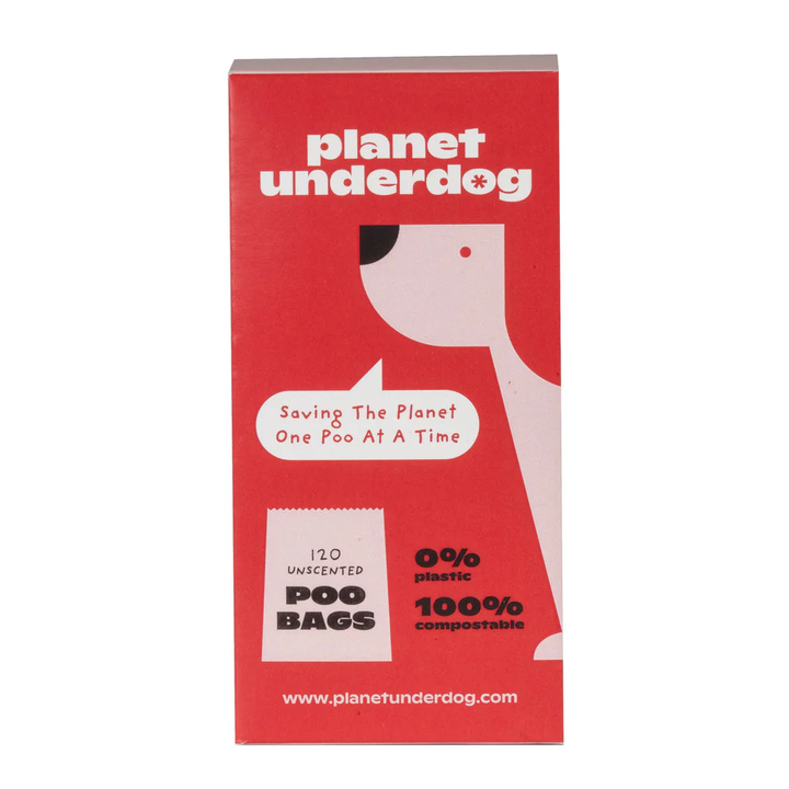 Red Planet Underdog compostable dog poop bags package emphasizing eco-friendly, plastic-free material for sustainable use