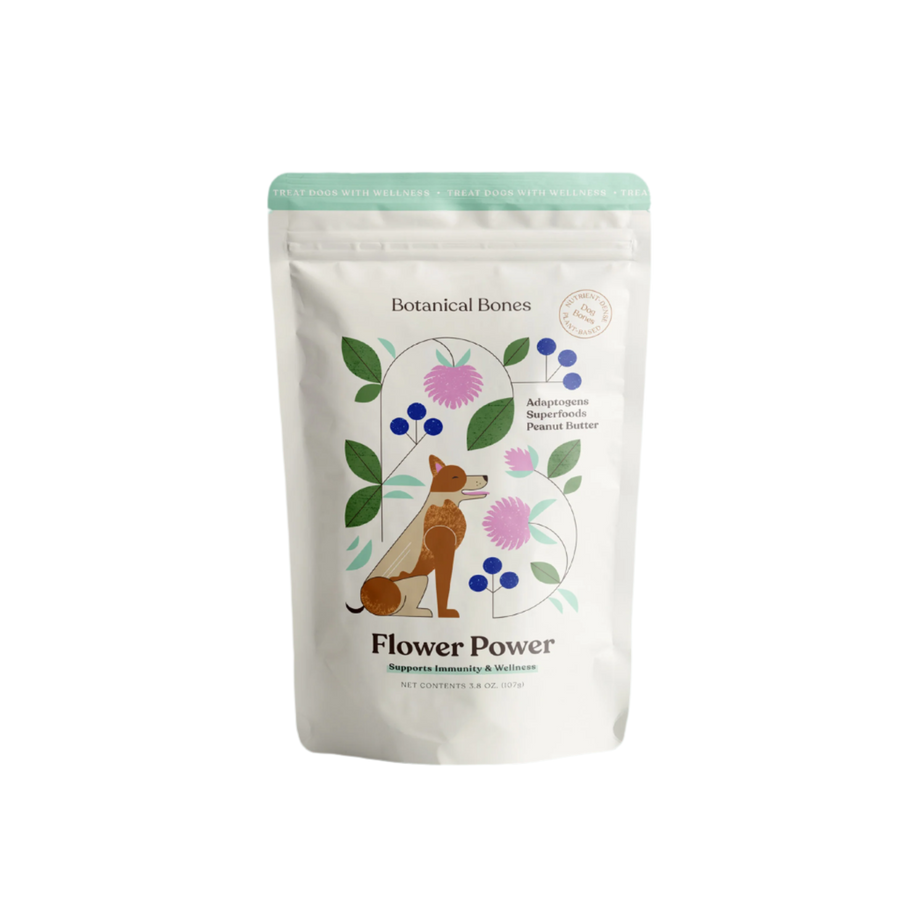 Botanical Bones - FLOWER POWER Treats peanut butter dog biscuits with reishi, turmeric, blueberry for immune support.