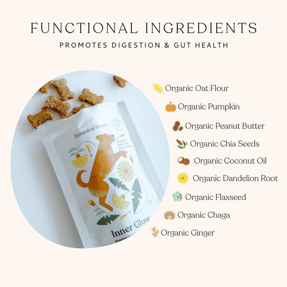 Botanical Bones - INNER GLOW Treats with organic ingredients for digestion and gut health in bone-shaped dog cookies.