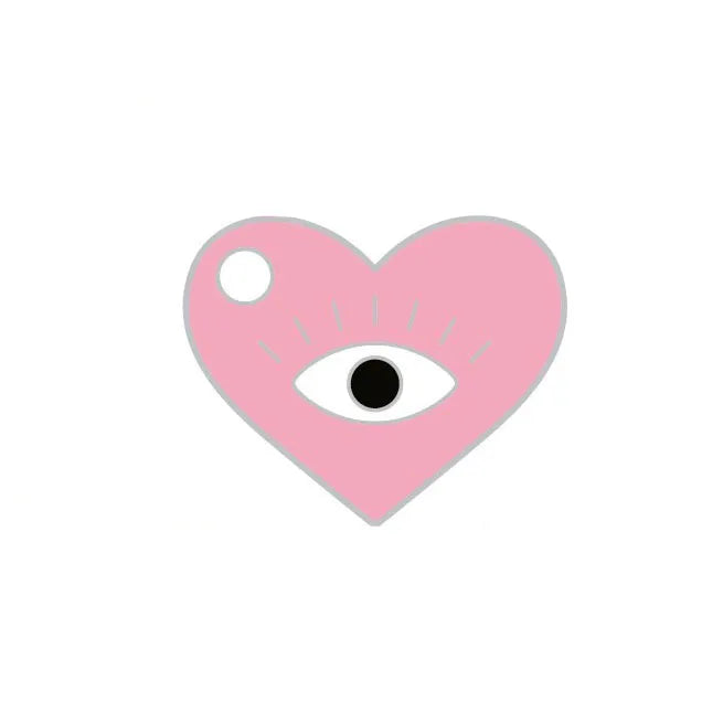 Brooch - Personalised HOUB SPELL Dog Tag pink heart shape with an eye symbol and a hole for attachment.